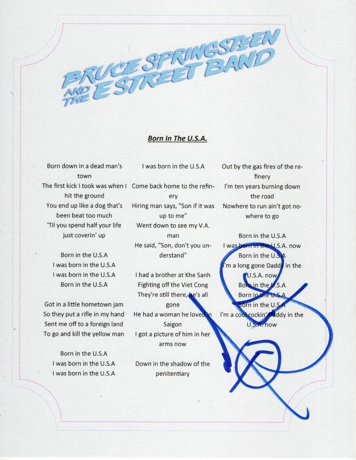 SPRINGSTEEN & THE ESTREET BAND NILS LOFGREN SIGNED BORN IN THE USA LYRIC SHEET
