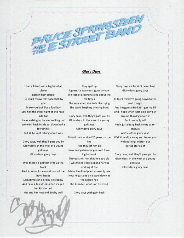 SPRINGSTEEN & THE ESTREET BAND SOZZIE TYRELL SIGNED GLORY DAYS LYRIC SHEET
 COLLECTIBLE MEMORABILIA