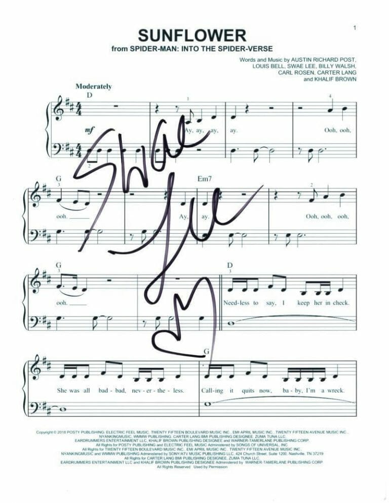 SWAE LEE SIGNED AUTOGRAPH SUNFLOWER SHEET MUSIC INTO SPIDER-VERSE W/ POST MALONE
 COLLECTIBLE MEMORABILIA