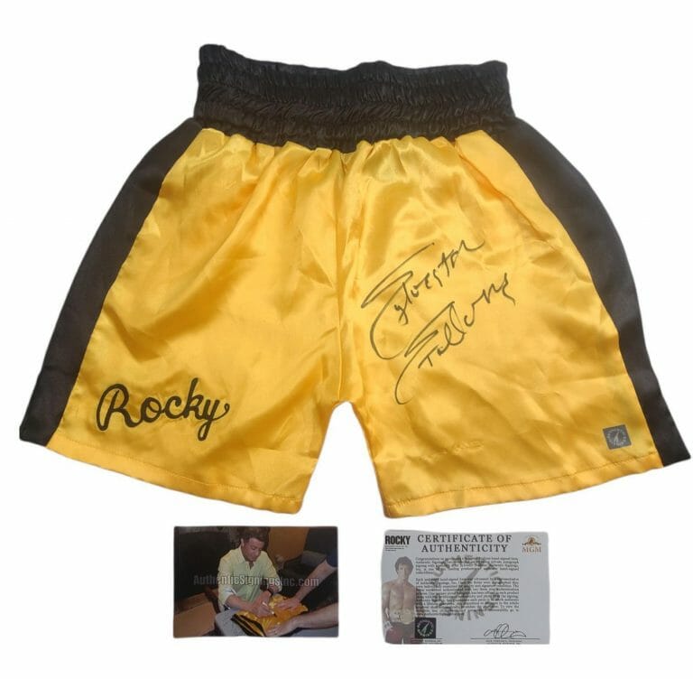 SYLVESTER STALLONE SIGNED ROCKY BOXING TRUNKS SHORTS AUTHENTIC SIGNINGS
 COLLECTIBLE MEMORABILIA