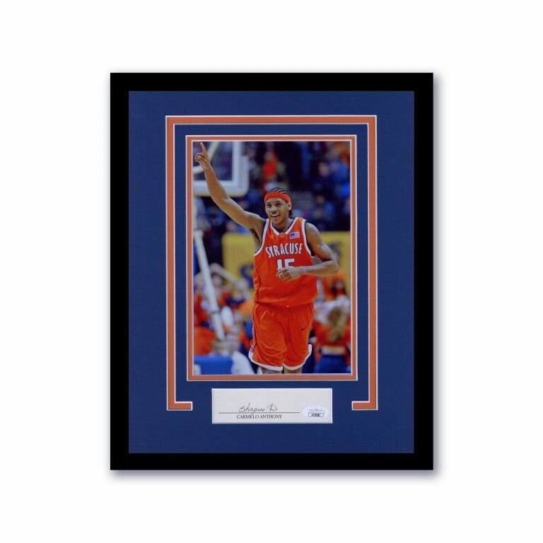 SYRACUSE ORANGE- CARMELO ANTHONY SIGNED AUTOGRAPH FRAMED 11×14 DISPLAY JSA COA
 COLLECTIBLE MEMORABILIA
