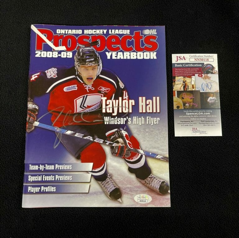TAYLOR HALL SIGNED WINDSOR SPITFIRES OHL YEARBOOK JSA COA NN50118 BOSTON BRUINS
 COLLECTIBLE MEMORABILIA