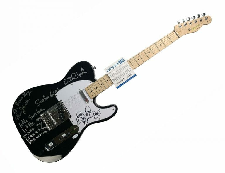 THE BEACH BOYS AUTOGRAPHED GUITAR W SURFER GIRL LYRICS IN DISPLAY CASE ACOA
 COLLECTIBLE MEMORABILIA