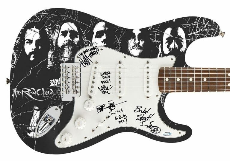 THE RED CHORD AUTOGRAPHED SIGNED PHOTO GRAPHICS GUITAR
 COLLECTIBLE MEMORABILIA
