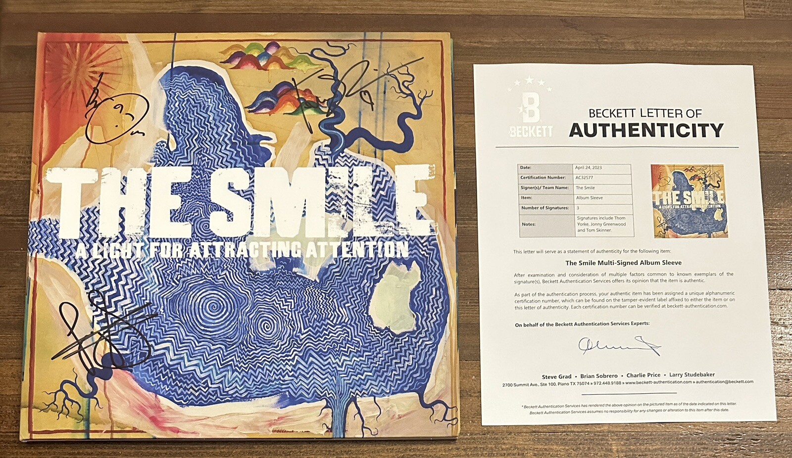 Thom Yorke Jonny Greenwood Tom Skinner THE SMILE Signed Vinyl LP BAS Beckett COA