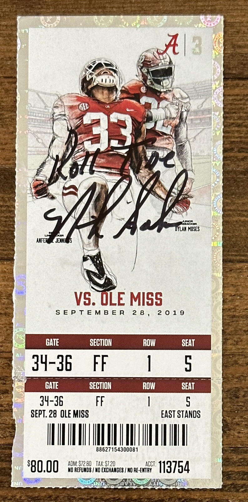 NICK SABAN SIGNED ALABAMA FOOTBALL 2019 SEASON FULL TICKET AUTO BECKETT BAS COA