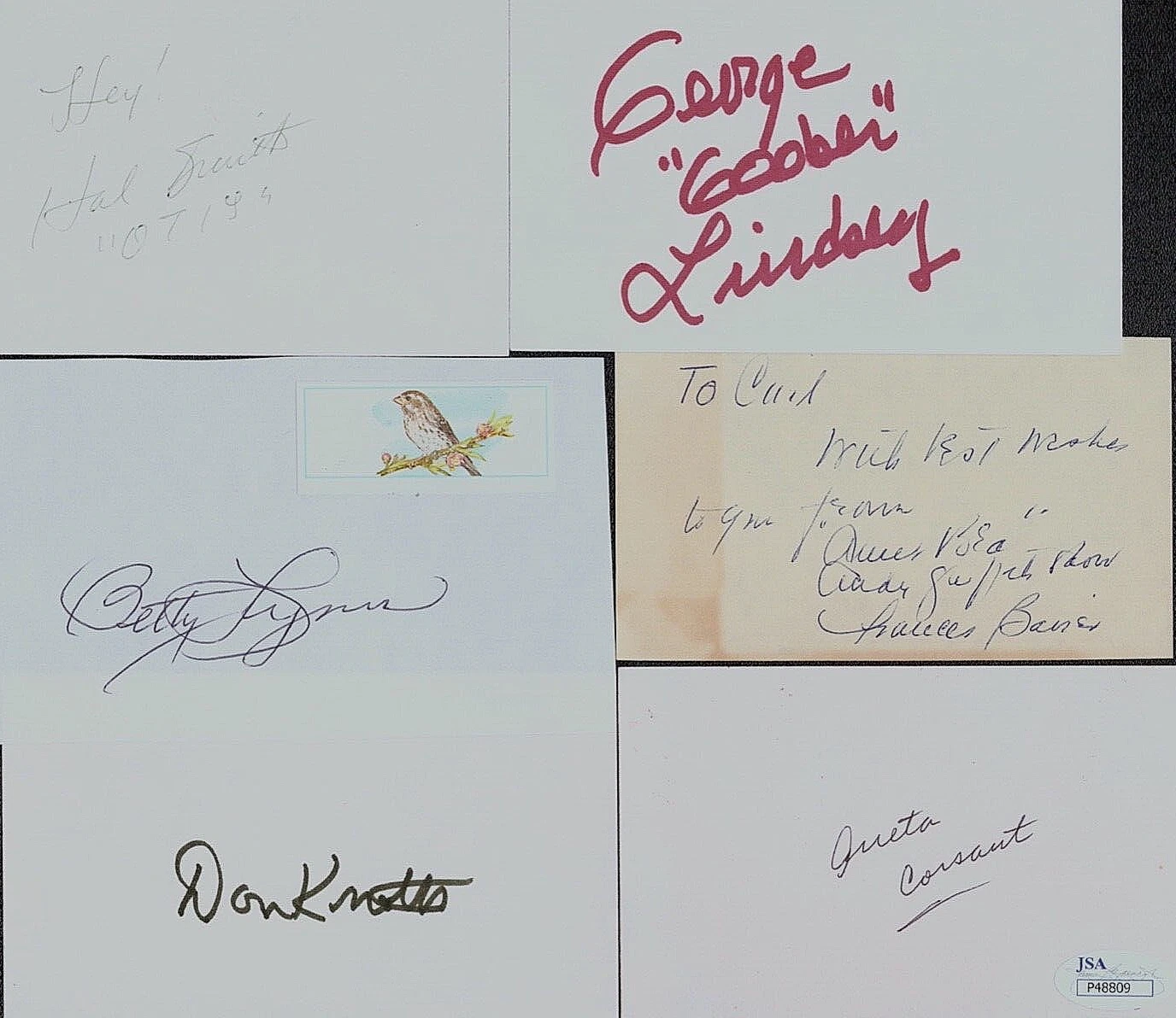 “THE ANDY GRIFFITH SHOW” BAVIER KNOTTS NABORS HOWARD +5 SIGNED AUTO CARDS JSA COLLECTIBLE MEMORABILIA
