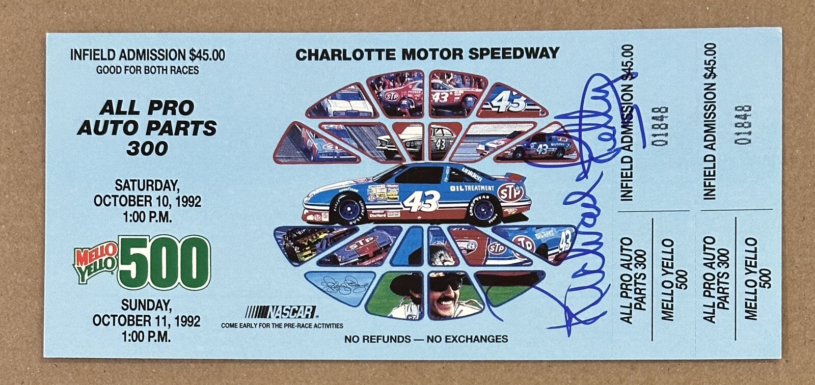 1992 MELLO YELLOW 500 NASCAR CHARLOTTE SPEEDWAY TICKET SIGNED RICHARD PETTY BAS COLLECTIBLE MEMORABILIA