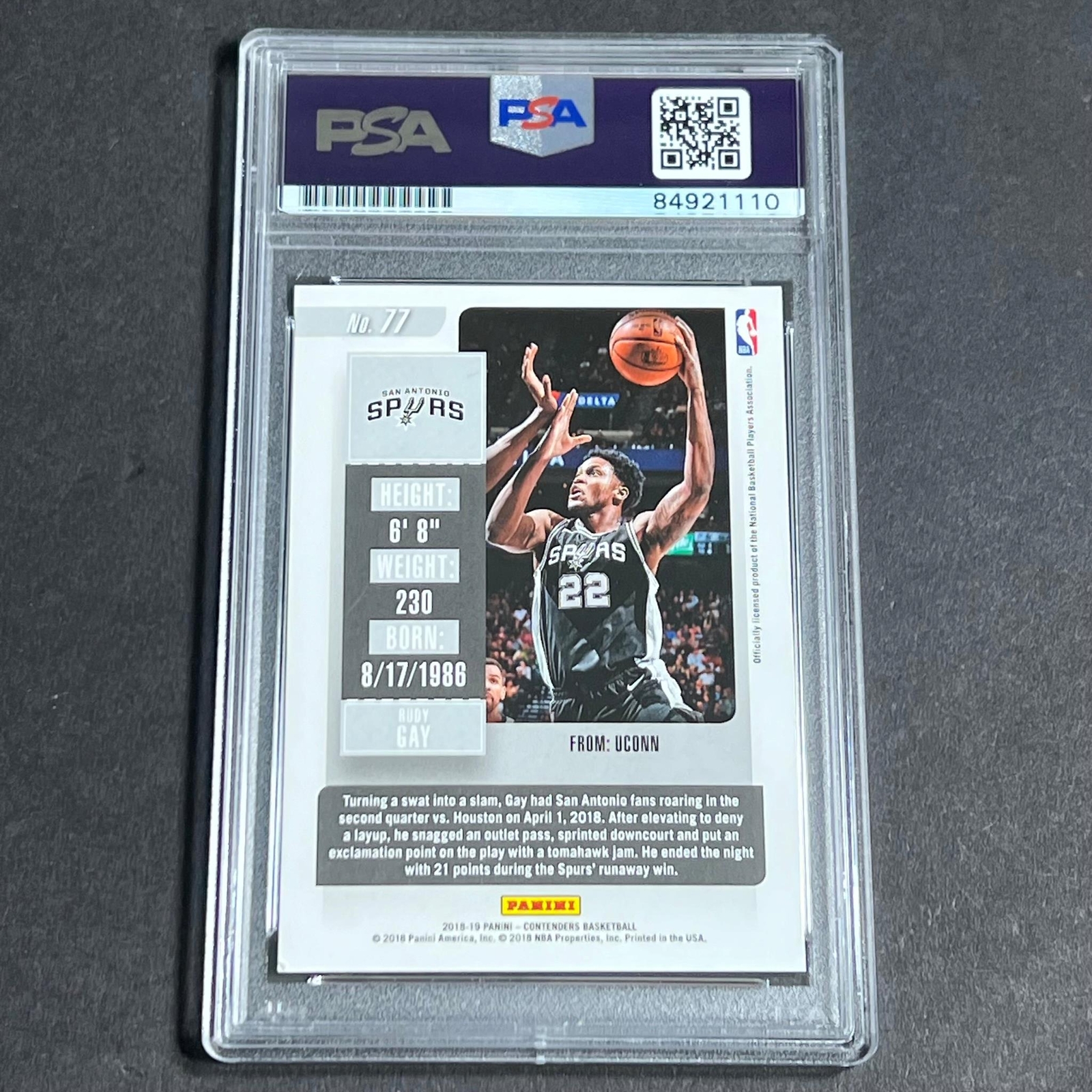 2018-19 Panini Contenders #77 Rudy Gay Signed Card AUTO PSA Slabbed Spurs
