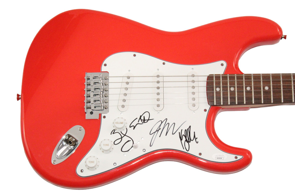 Portugal. The Man Full Band Signed Autograph Red Fender Electric Guitar JSA COA