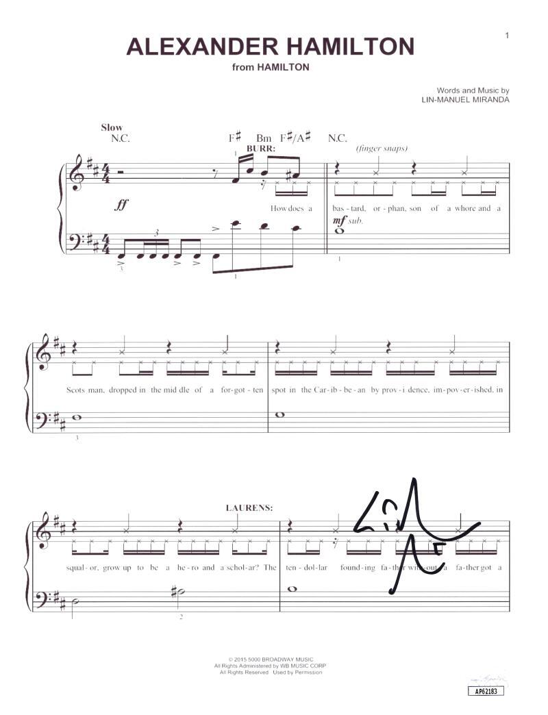 Lin Manuel Miranda Signed Autograph Alexander Hamilton Sheet Music w/ JSA COA