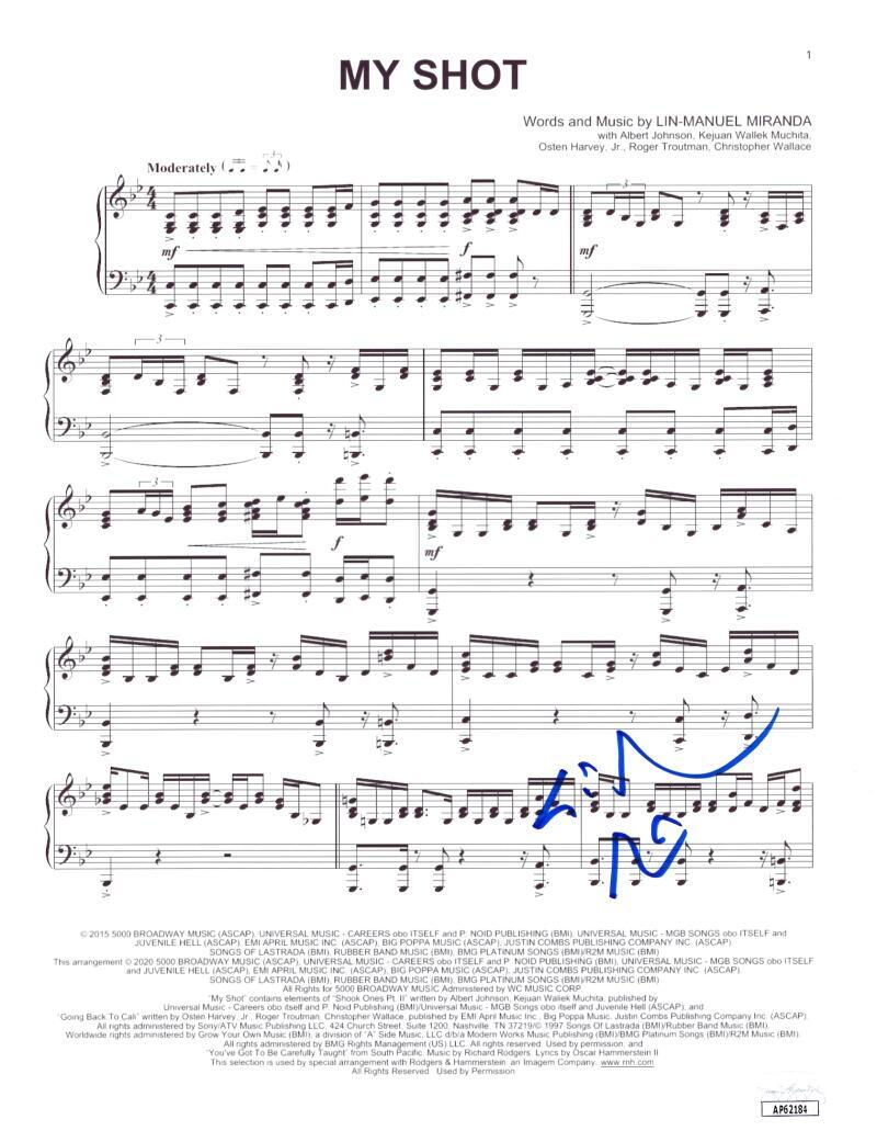 Lin-Manuel Miranda Signed Autograph Hamilton My Shot Sheet Music w/ JSA COA
