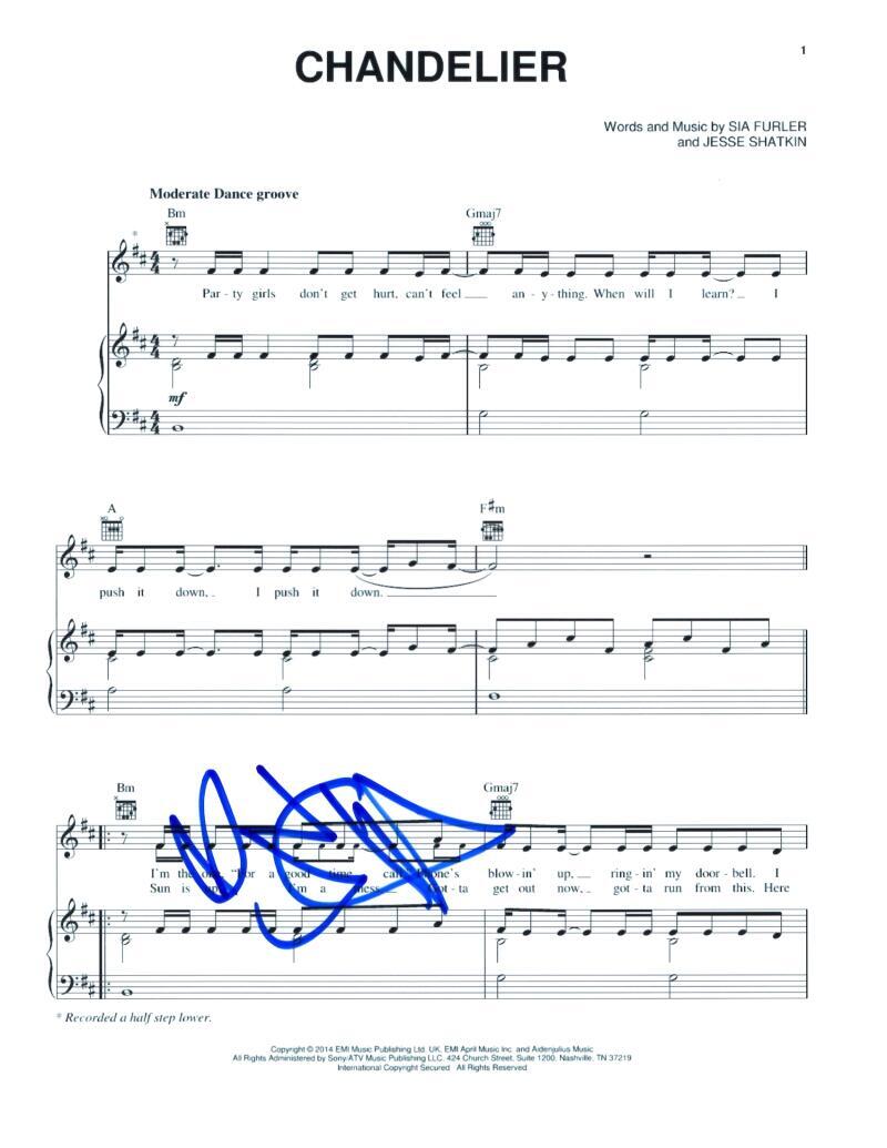 Sia Furler Signed Autograph Chandelier Sheet Music - 1000 Forms of Fear Singer