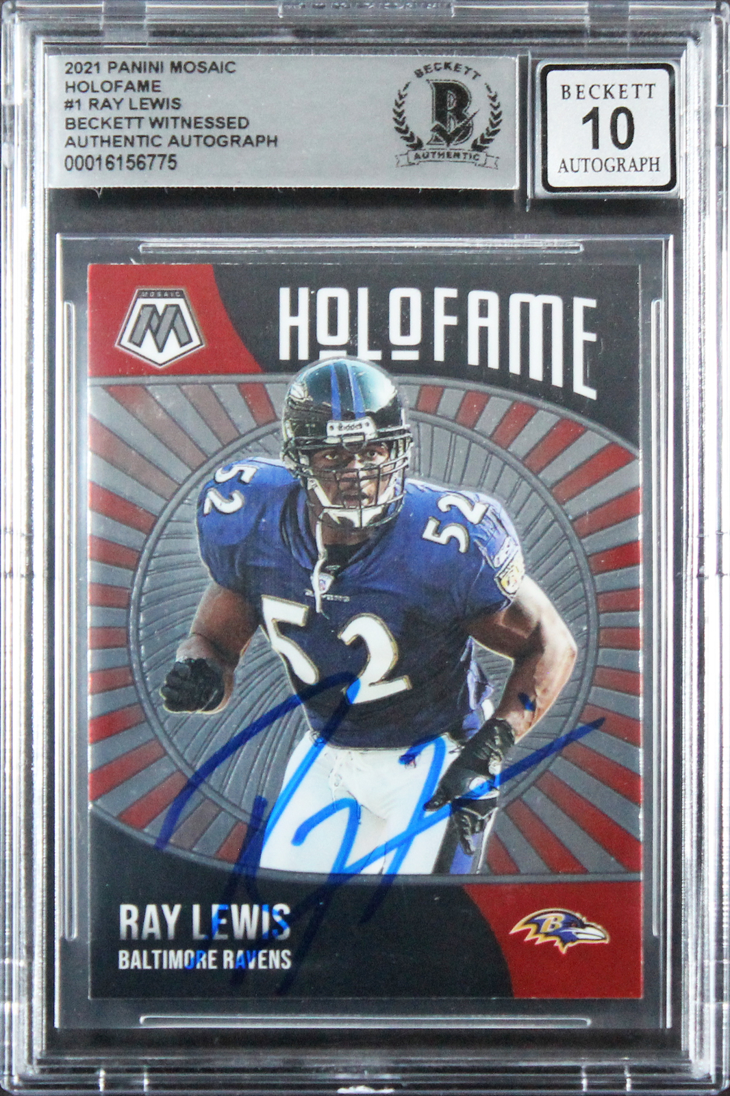 Ravens Ray Lewis Signed 2021 Panini Mosaic Holofame #1 Card Auto 10! BAS Slabbed
