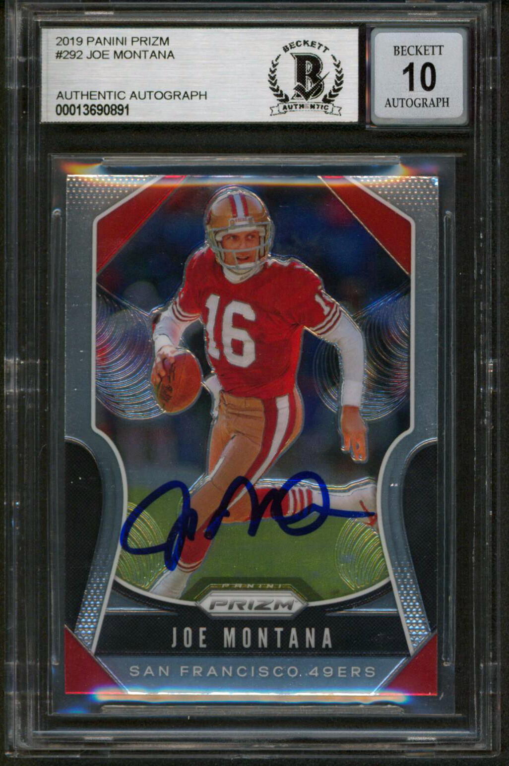 49ers Joe Montana Signed 2019 Panini Prizm #292 Card Auto Graded 10! BAS Slabbed
