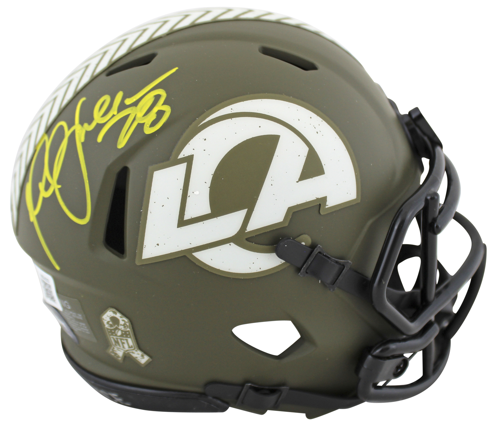 Rams Marshall Faulk Signed STS Speed Mini Helmet w/ Yellow Sig BAS Witnessed
