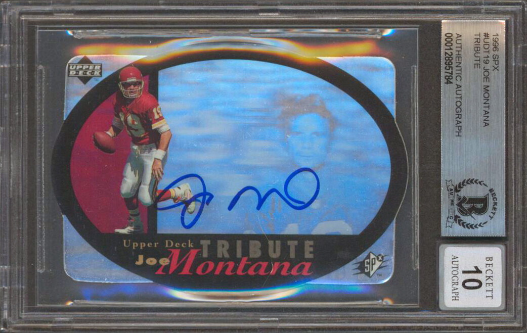 Chiefs Joe Montana Signed 1996 SPX #UDT19 Tribute Card Auto 10! BAS Slabbed
