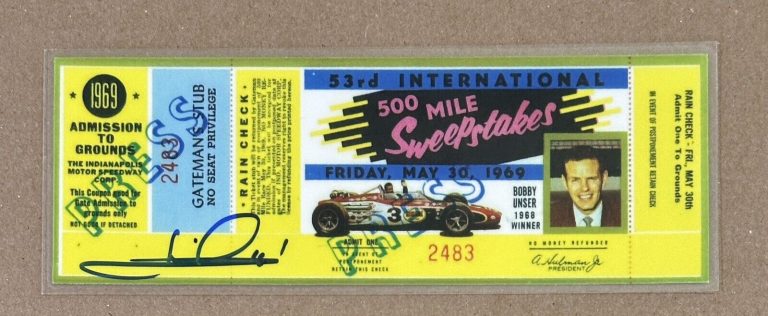 1969 INDY INDIANAPOLIS 500 REPLICA TICKET SIGNED MARIO ANDRETTI BECKETT BAS COA COLLECTIBLE MEMORABILIA