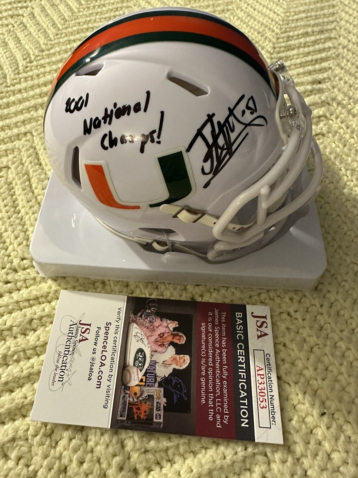 Jonathan Vilma Signed Mini Helmet Miami Hurricanes JSA Authentication COA 2001
