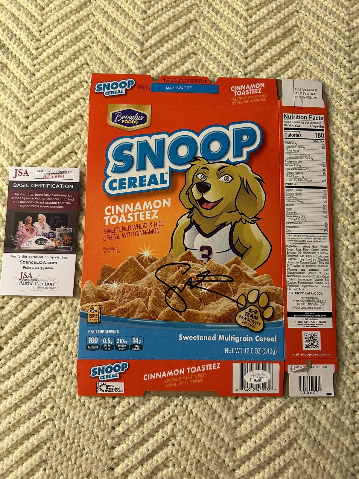Snoop Dogg Signed Cereal Box Autographed JSA Authentication COA
