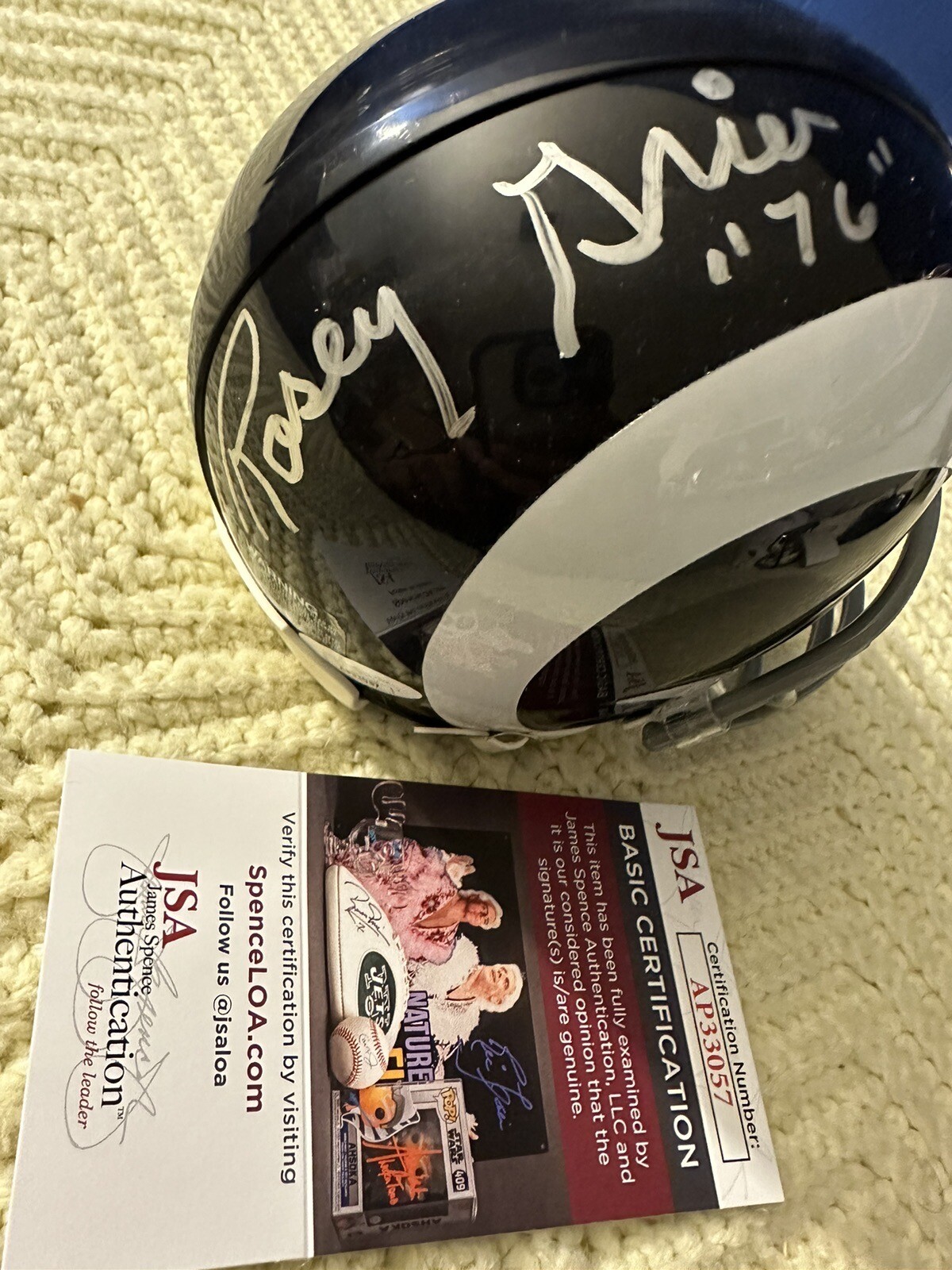 Rosey Grier Signed Mini Helmet LA Rams Autographed JSA Authentication COA
