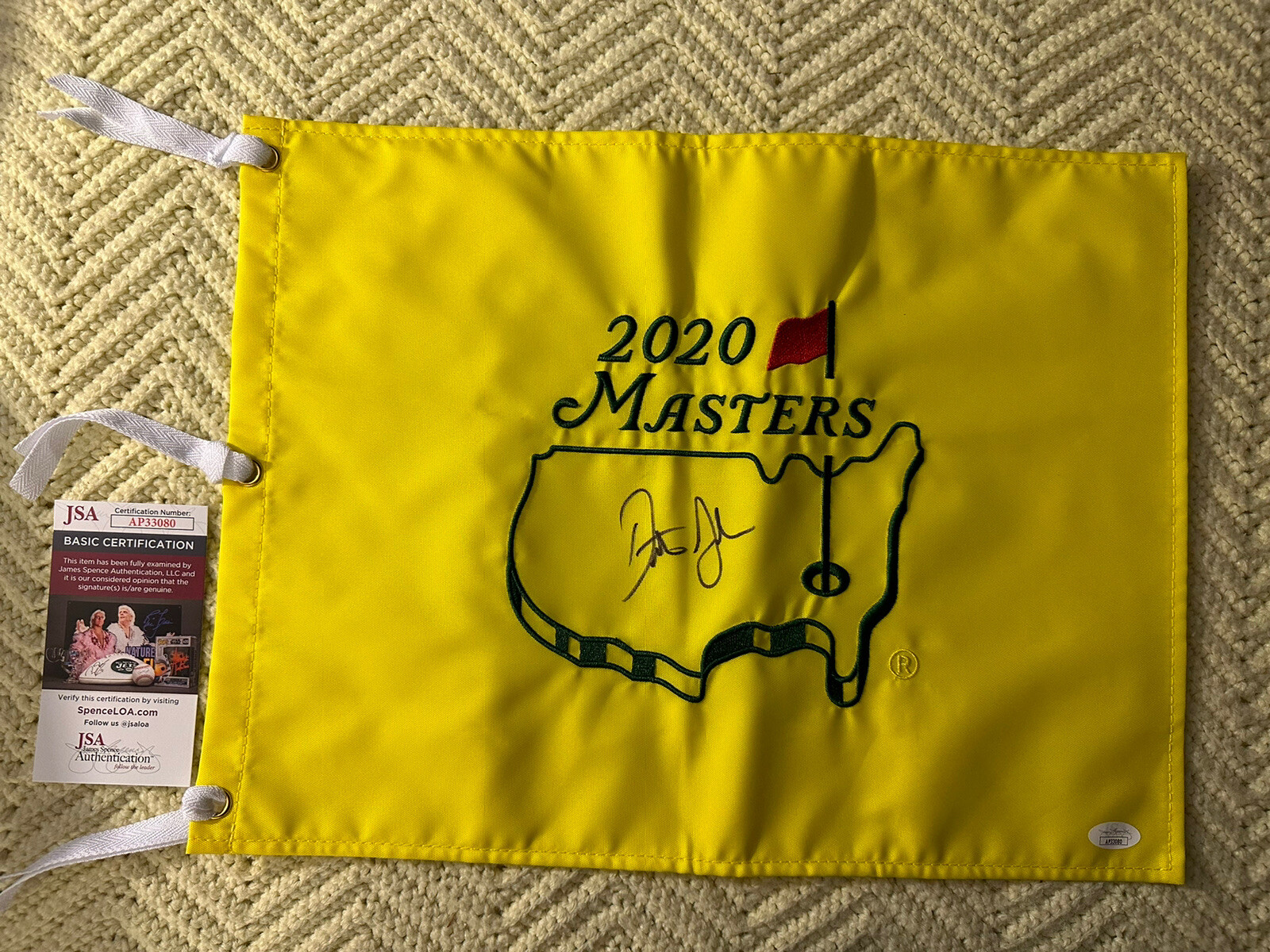 Dustin Johnson SIGNED 2020 Masters Golf Flag Augusta JSA Authenticated COA
