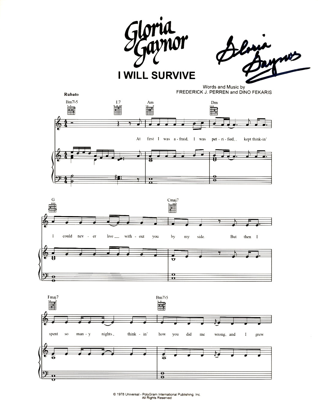 Gloria Gaynor REAL hand SIGNED I Will Survive Sheet Music COA Autographed Disco