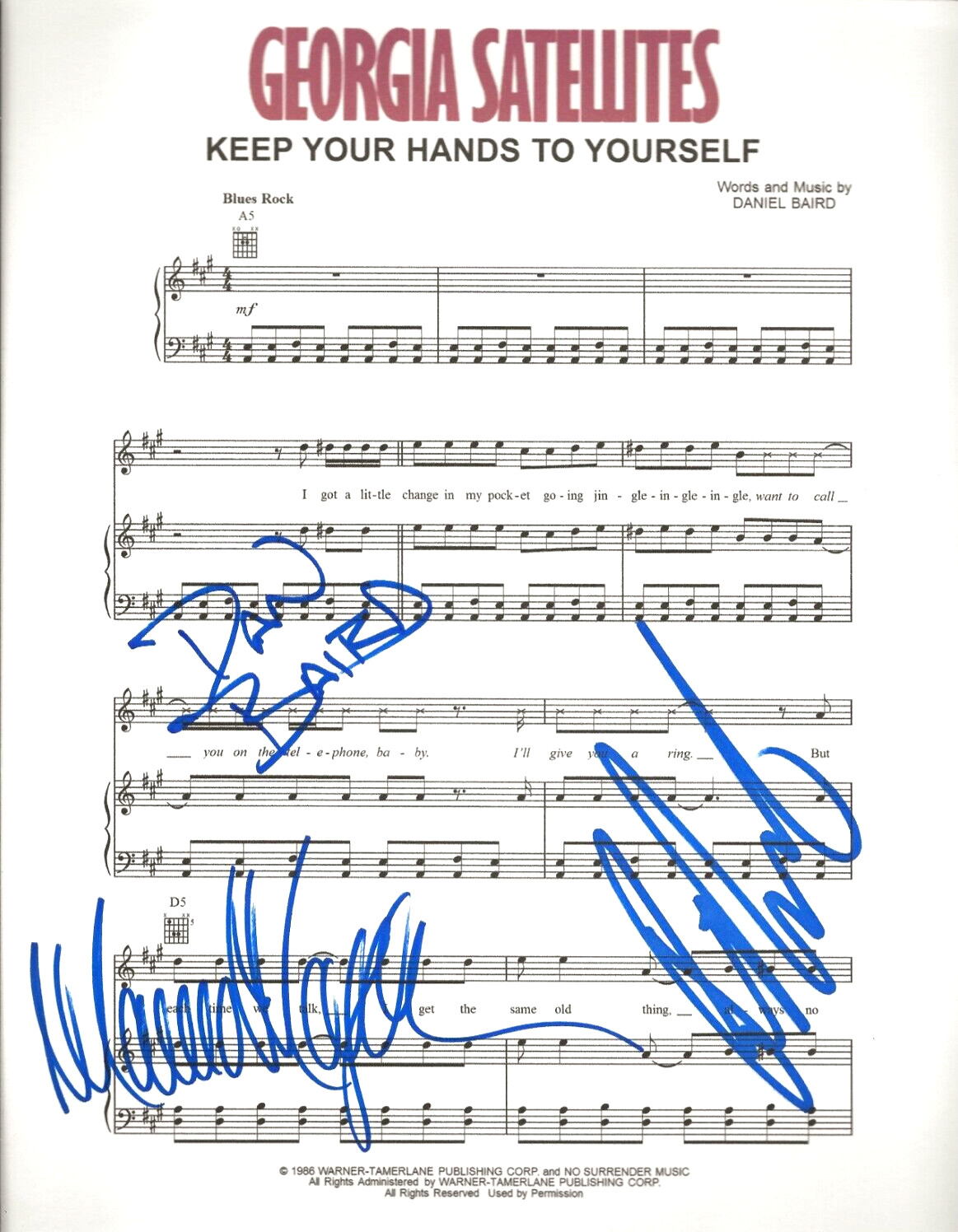 Georgia Satellites SIGNED Keep Your Hands To Yourself sheet music COA 3 orig