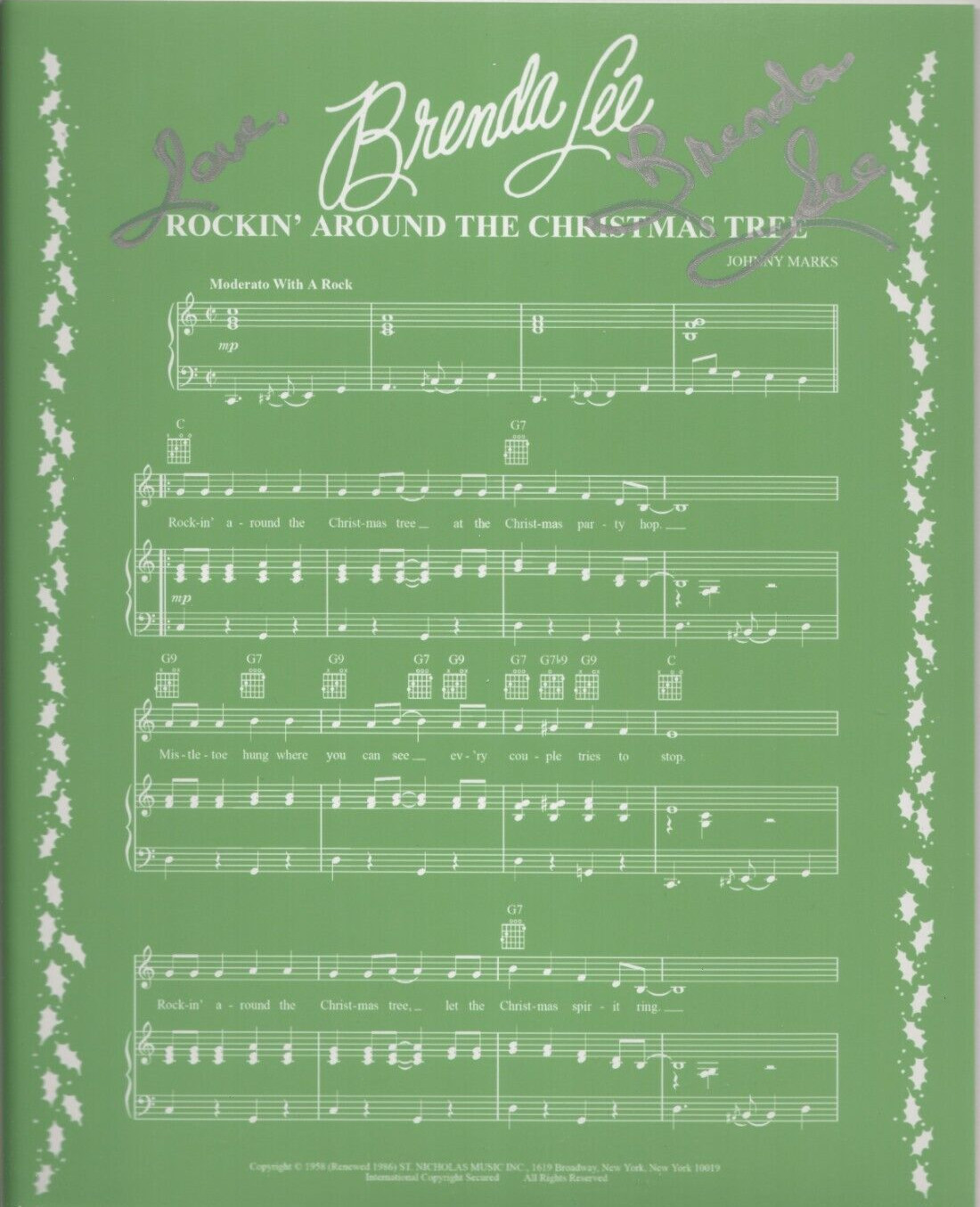 Brenda Lee SIGNED Rockin' Around Christmas Tree Sheet Music #2 COA Autographed