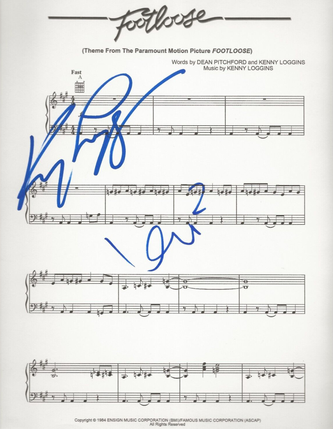 Kenny Loggins & Kevin Bacon REAL SIGNED Footloose Sheet Music COA Autographed