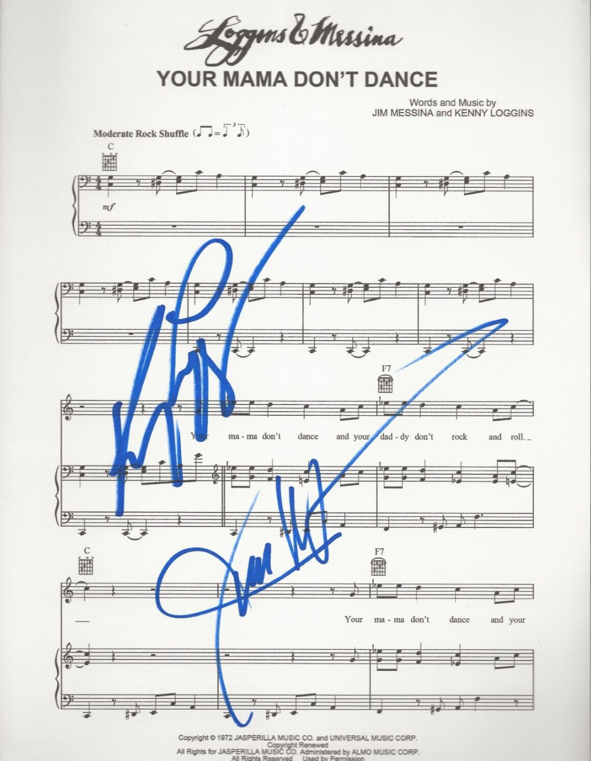 Loggins & Messina REAL SIGNED Your Mama Don't Dance Sheet Music COA Autographed