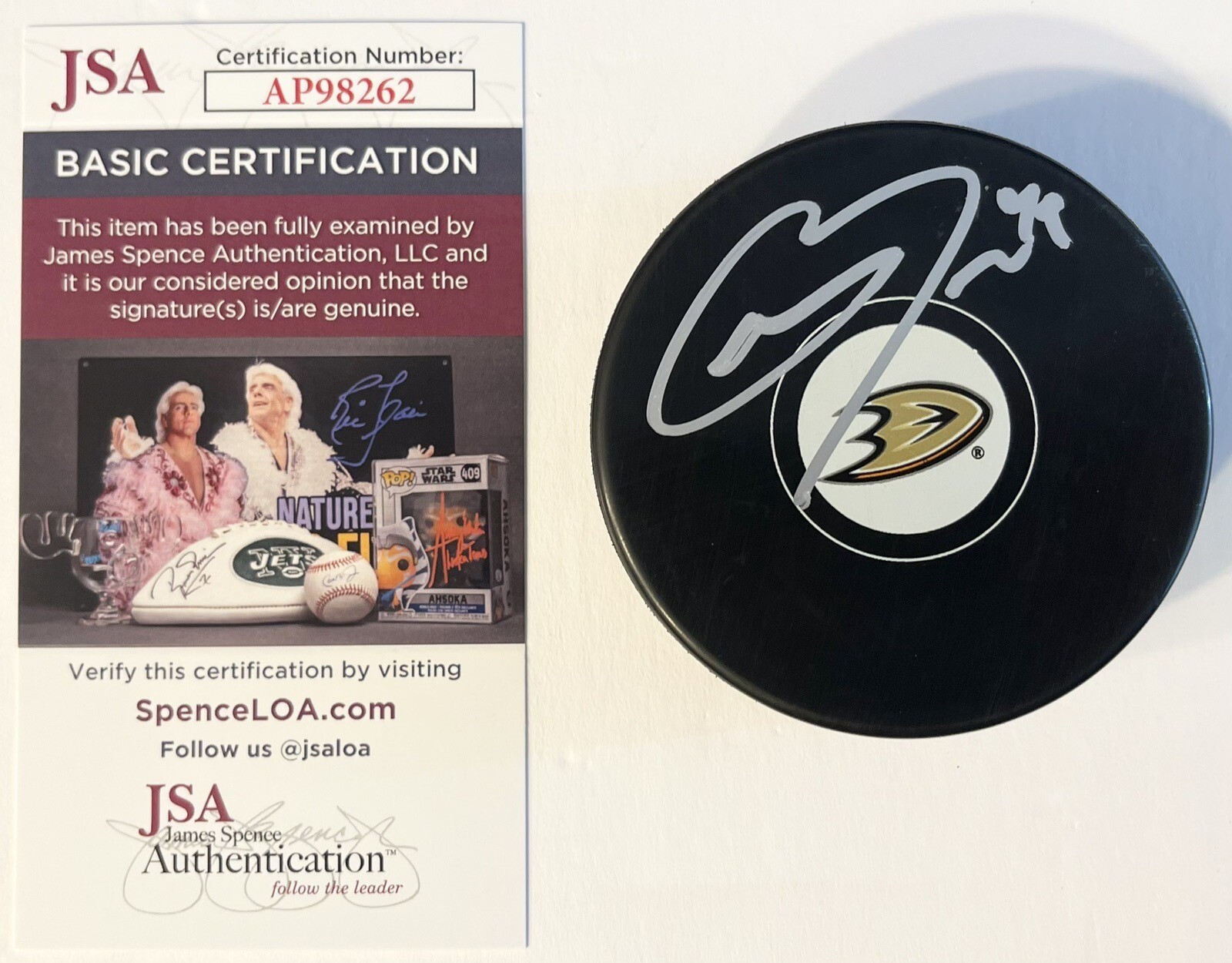 Max Jones Signed Autographed Anaheim Ducks Logo Hockey Puck JSA COA