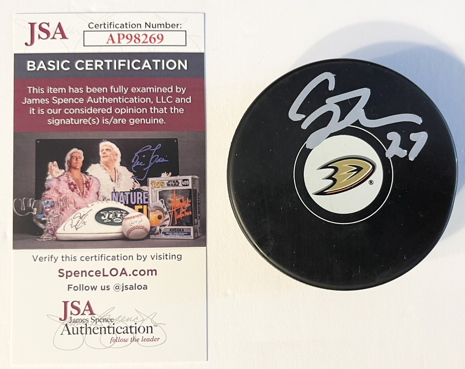 Craig Johnson Signed Autographed Anaheim Ducks Logo Hockey Puck JSA COA
