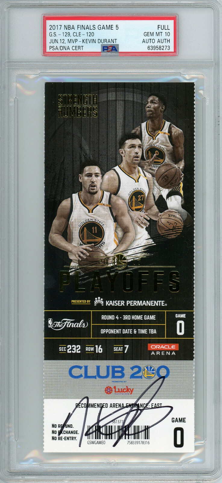 GS Warriors KEVIN DURANT Signed 1st NBA Championship Full Ticket PSA GEM MINT 10
