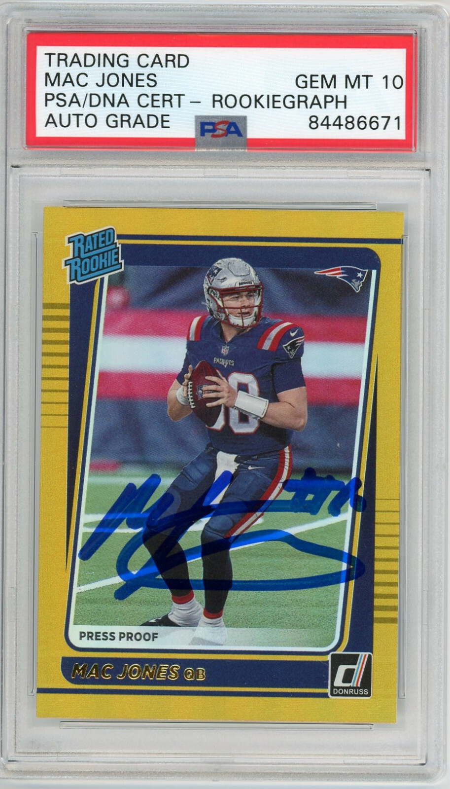 MAC JONES SIGNED AUTO 2021 RC DONRUSS GOLD RATED ROOKIE CARD PSA 10 AUTO
