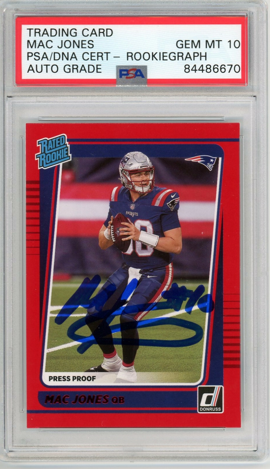 MAC JONES SIGNED AUTO 2021 RC DONRUSS RED RATED ROOKIE CARD PSA 10 AUTO
