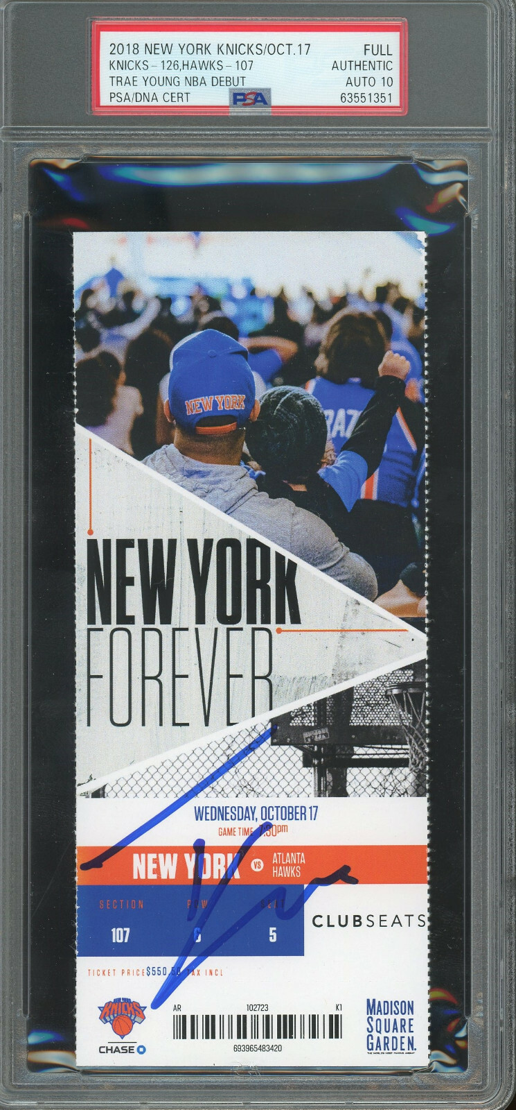 ATL Hawks TRAE YOUNG Signed 2018 NBA Rookie Debut Full Ticket Auto PSA 10! POP 1
