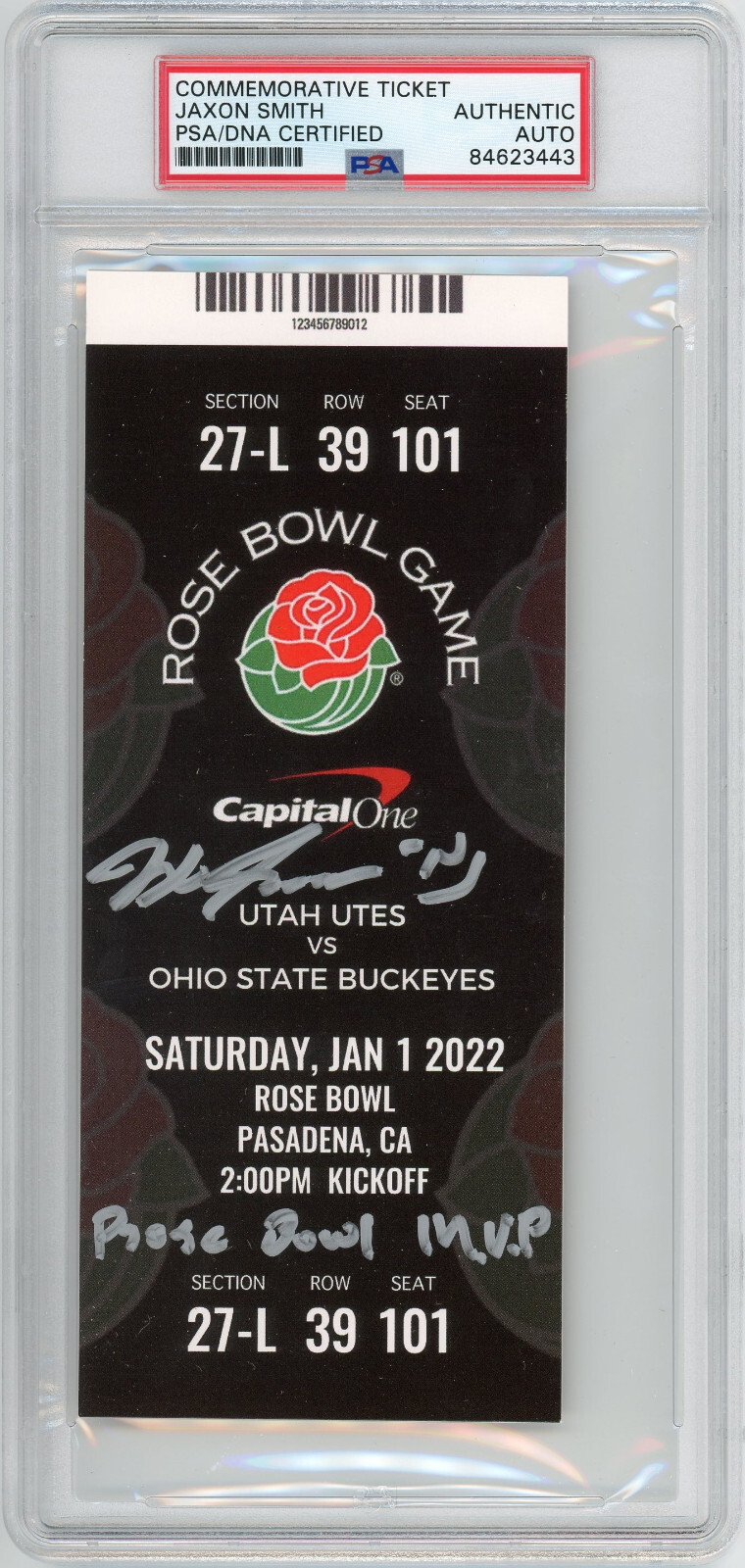 PSA/DNA Ohio State #11 JAXON SMITH-NJIGBA Autographed 2022 Rose Bowl Ticket MVP
