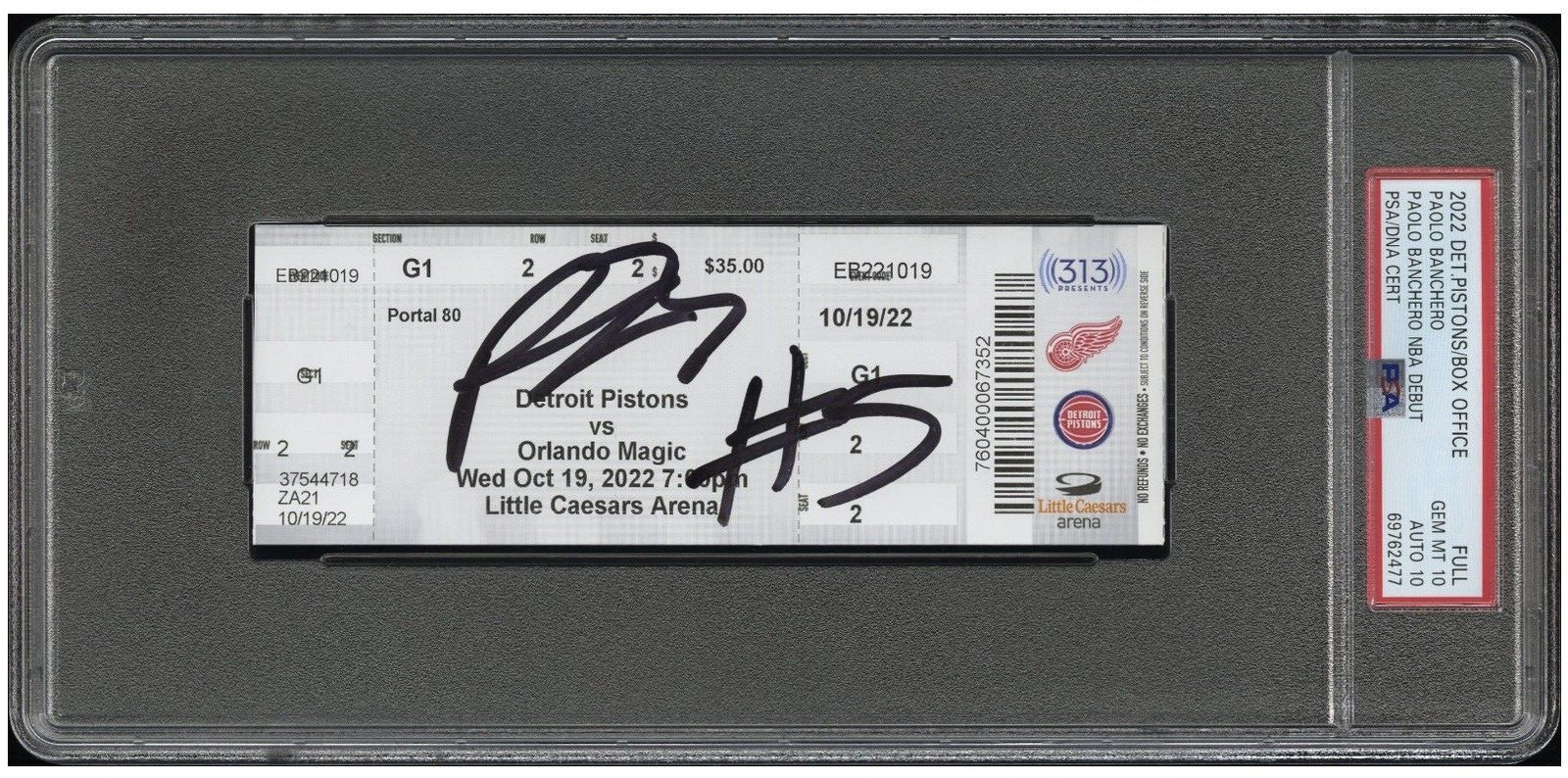 Magic PAOLO BANCHERO Signed NBA Rookie Debut Full Ticket Auto PSA GEM MINT 10
