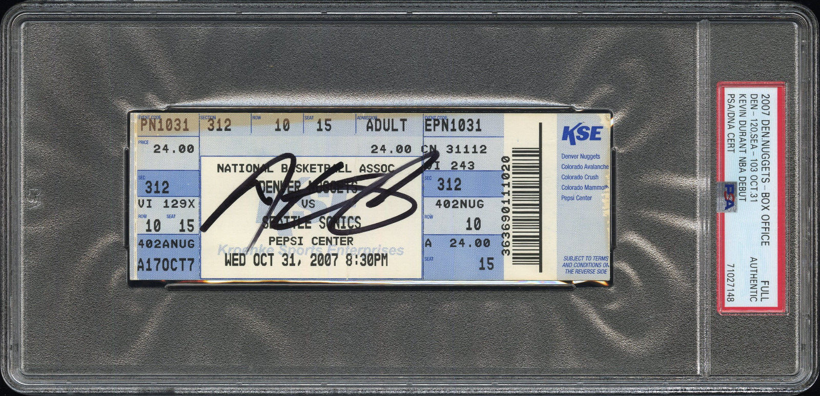 Seattle Sonics Kevin Durant Signed 10/31/07 NBA Rookie Debut Full Ticket PSA
