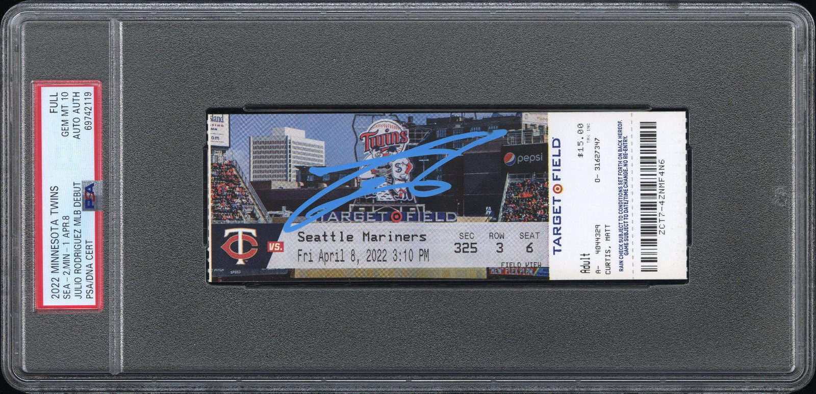 Seattle Mariners Julio Rodriguez Signed MLB Rookie Auto Debut Full Ticket PSA 10
