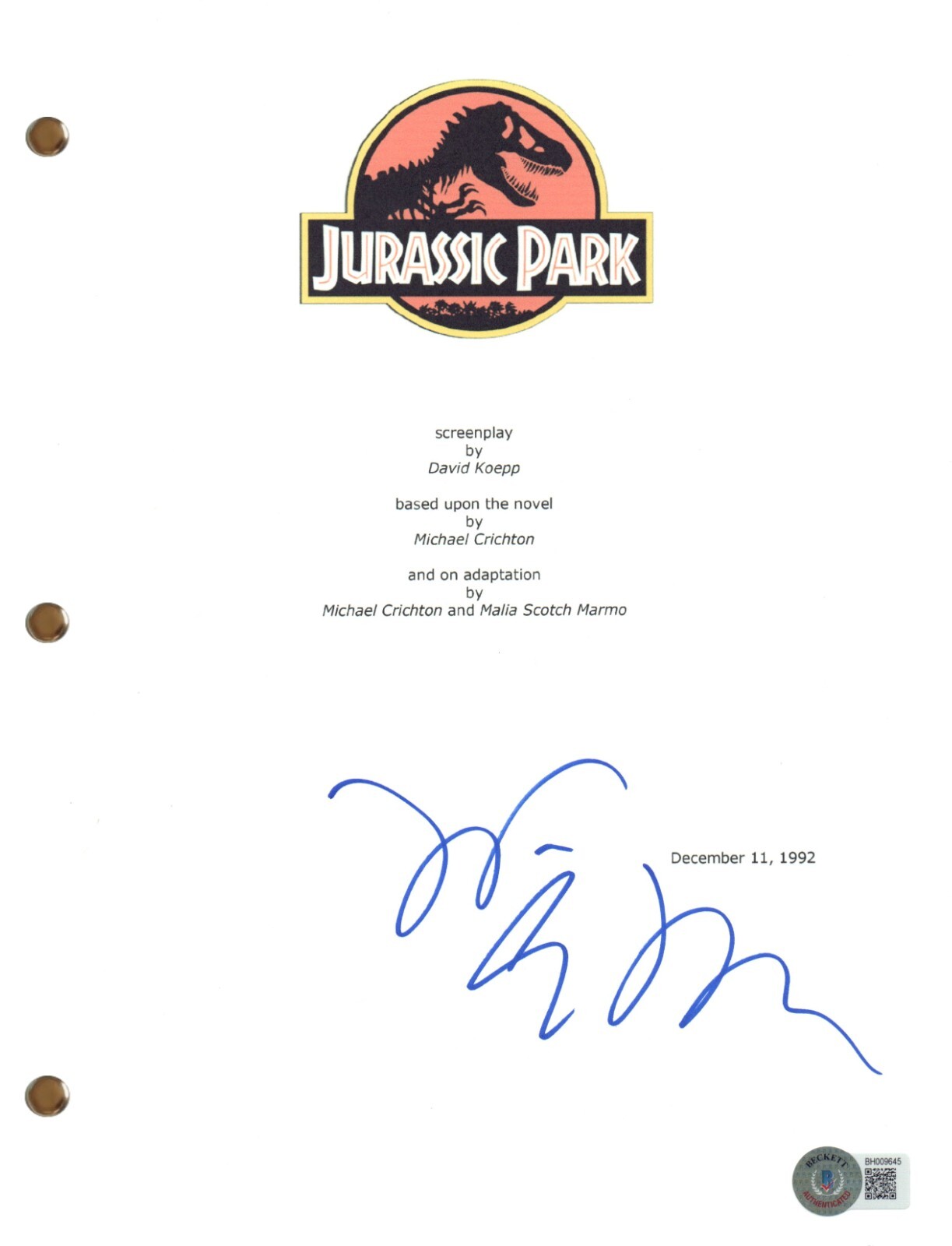 Jeff Goldblum Signed Autograph Jurassic Park Movie Script Screenplay Beckett COA
