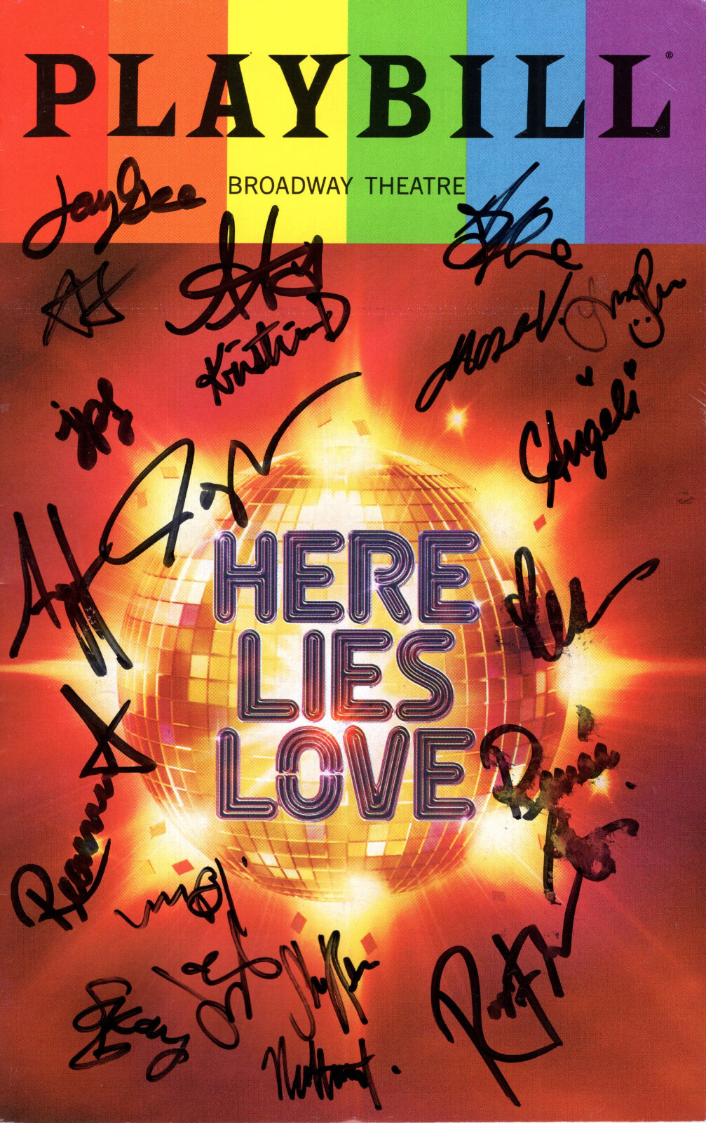 HERE LIES LOVE HAND SIGNED NYC CAST PLAYBILL+COA AWESOME RAINBOW COVER
