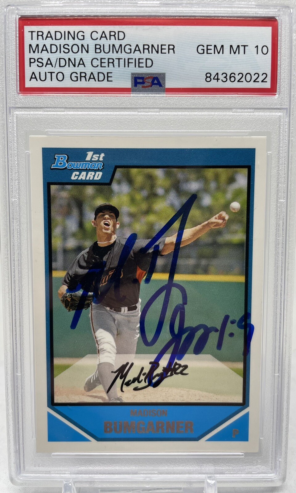 2008 Bowman Madison Bumgarner SF Giants Signed Rookie Card GEM MINT 10 AUTO
