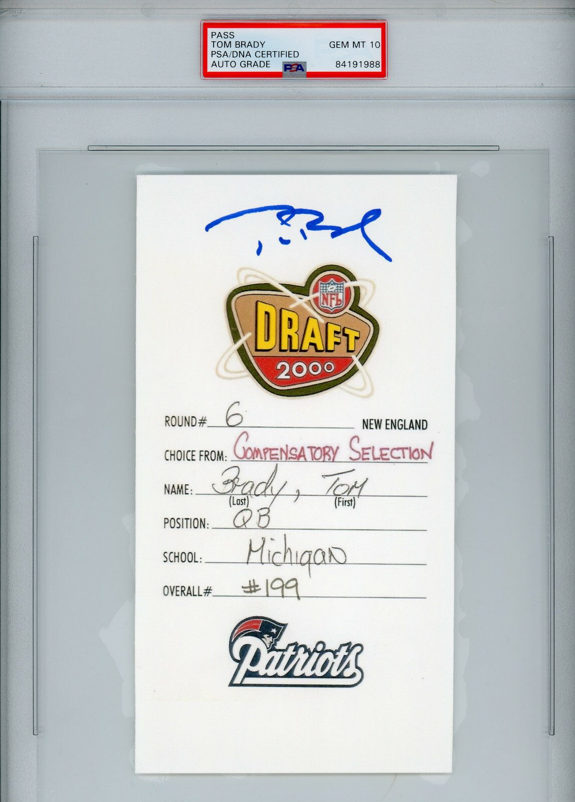 Tom Brady Signed Rookie 2000 NFL Draft Card Patriots Football Auto PSA Gem Mt 10
