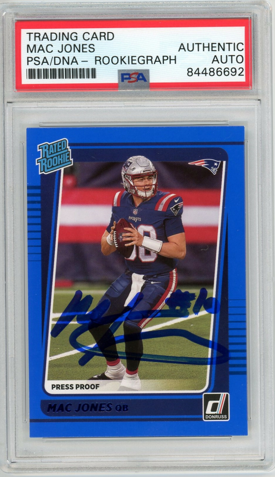 MAC JONES SIGNED AUTO 2021 RC DONRUSS BLUE RATED ROOKIE CARD PSA AUTO
