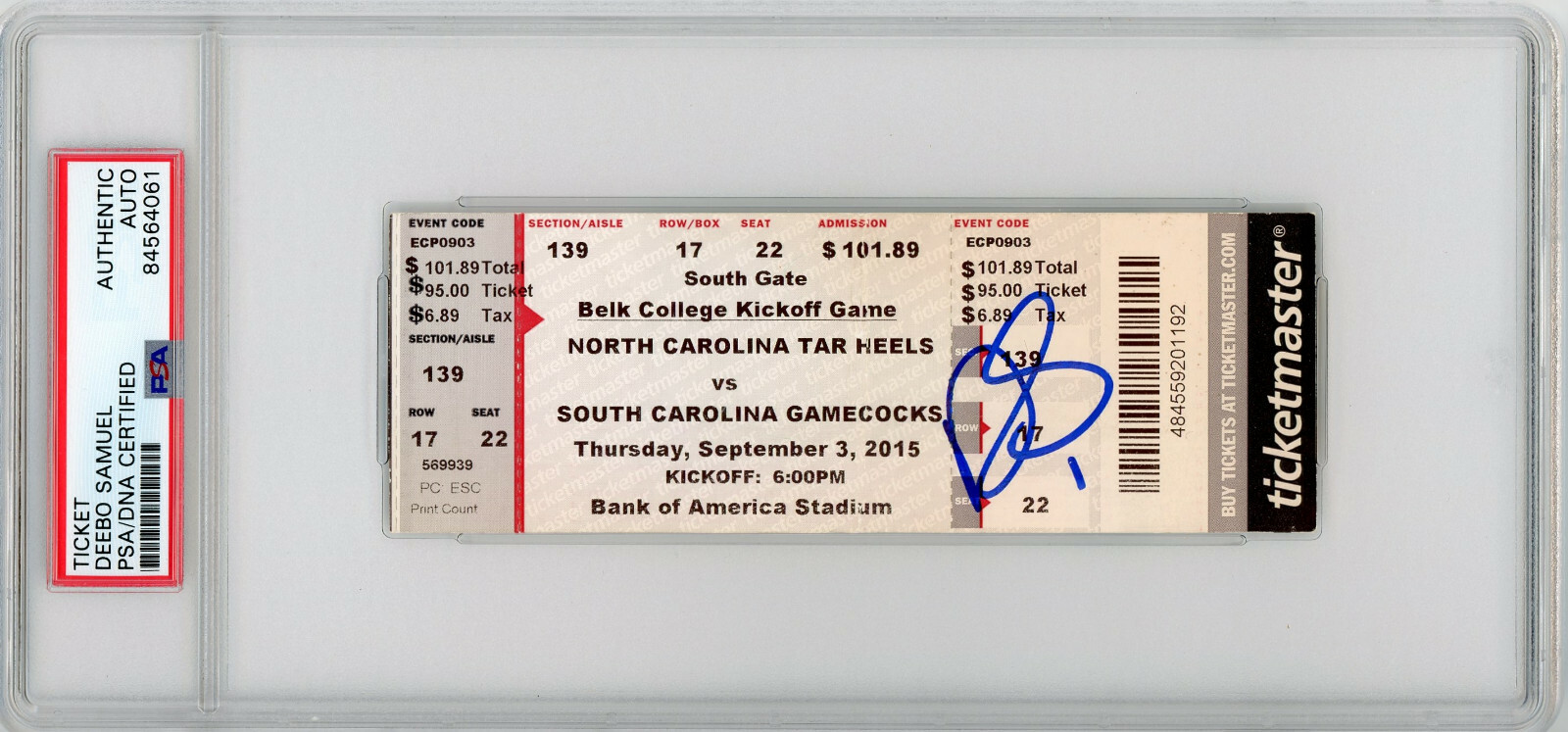 PSA/DNA South Carolina #1 DEEBO SAMUEL Autographed 2015 NCAA Debut Full Ticket
