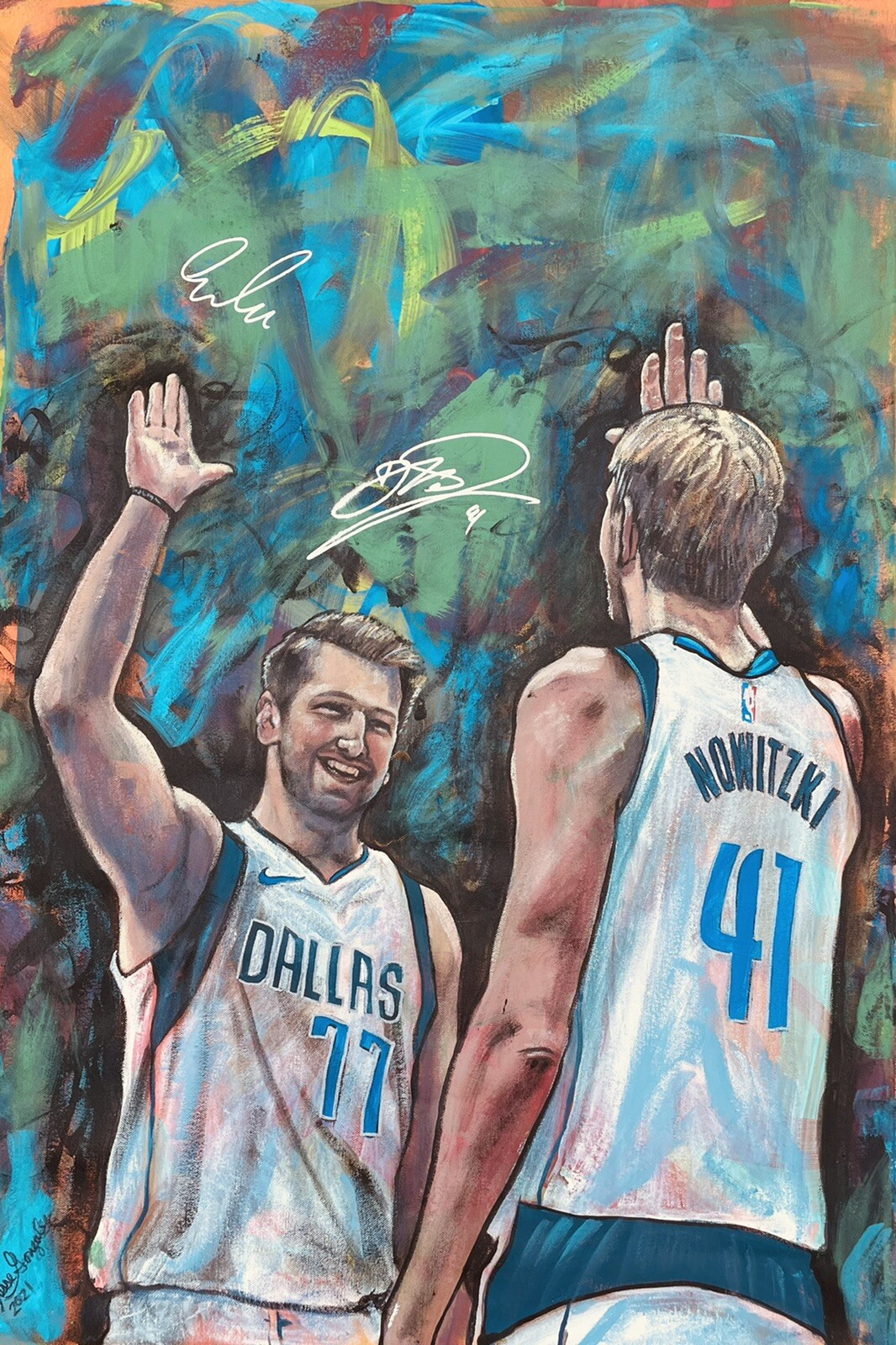 PSA/DNA LUKA DONCIC DIRK NOWITZKI Signed Rookie Basketball Painting Auto 1/1
