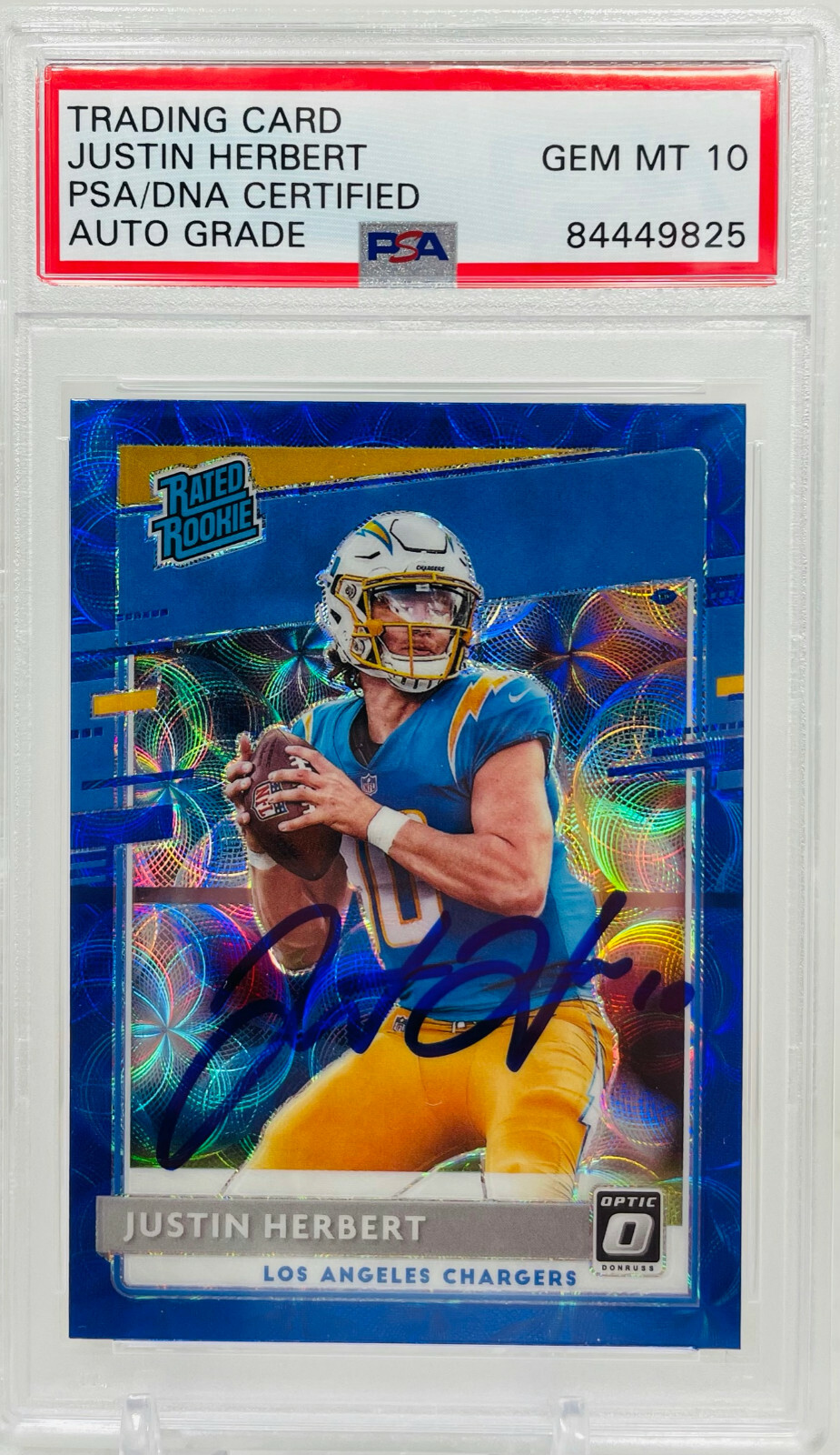 Donruss Optic Justin Herbert Blue Scope Prizm Rated Rookie Auto PSA GEM MT 10
