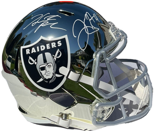 PSA/DNA Raiders DEREK CARR HUNTER RENFROW Signed Riddell CHROME Football Helmet
